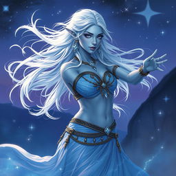 In the style of Dungeons & Dragons character art, Maeve stands as an extraordinary figure with radiant light blue skin and elegantly pointed elven ears