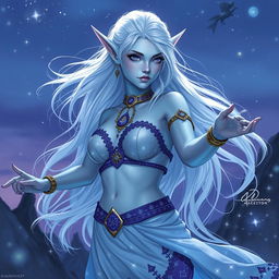 In the style of Dungeons & Dragons character art, Maeve stands as an extraordinary figure with radiant light blue skin and elegantly pointed elven ears