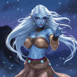 In the style of Dungeons & Dragons character art, Maeve stands as an extraordinary figure with radiant light blue skin and elegantly pointed elven ears