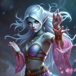 A striking DnD character art of Maeve, an enchanting figure with light blue skin and elegant elven ears