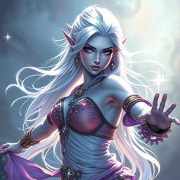 A striking DnD character art of Maeve, an enchanting figure with light blue skin and elegant elven ears