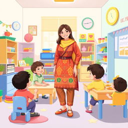 A full-body illustration of an Iranian kindergarten teacher, displaying a warm and inviting demeanor