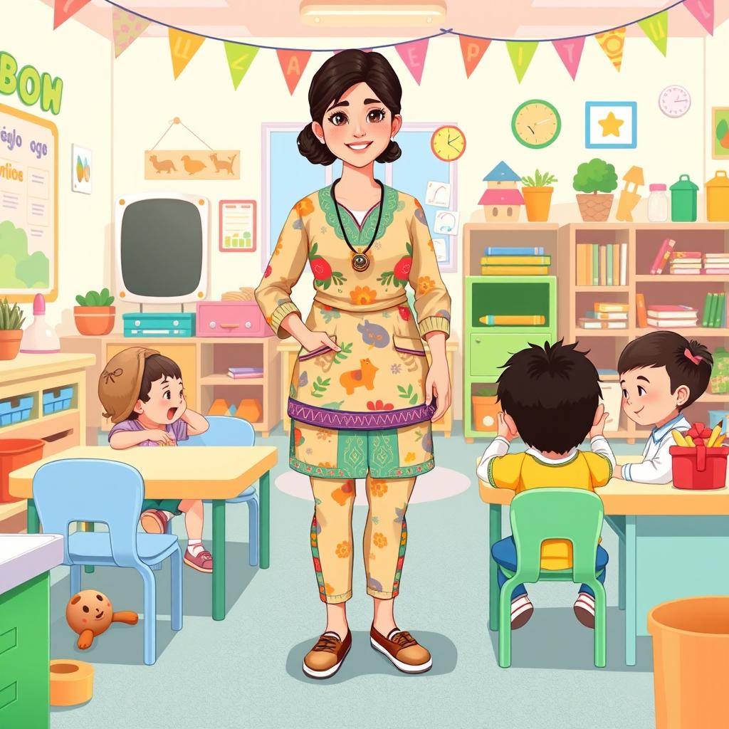 A full-body illustration of an Iranian kindergarten teacher, displaying a warm and inviting demeanor
