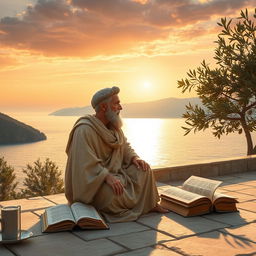 A serene and contemplative scene that epitomizes Stoicism, featuring a philosopher wearing traditional Greek attire, sitting on a sunlit stone terrace overlooking a calm sea at sunset