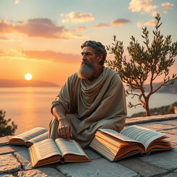 A serene and contemplative scene that epitomizes Stoicism, featuring a philosopher wearing traditional Greek attire, sitting on a sunlit stone terrace overlooking a calm sea at sunset