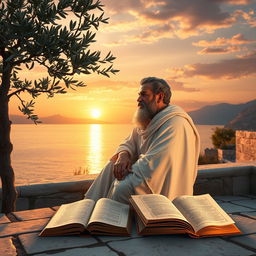 A serene and contemplative scene that epitomizes Stoicism, featuring a philosopher wearing traditional Greek attire, sitting on a sunlit stone terrace overlooking a calm sea at sunset
