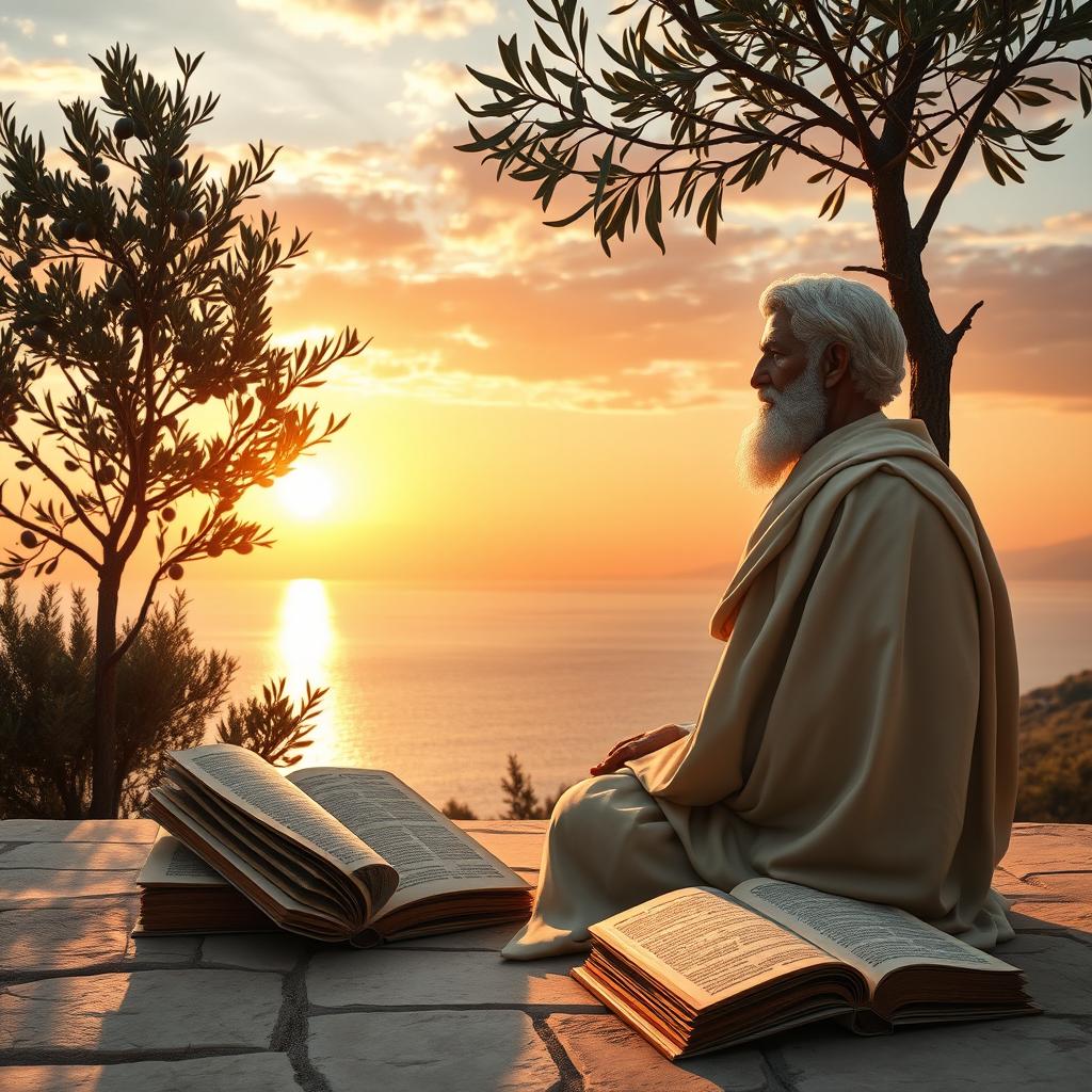 A serene and contemplative scene that epitomizes Stoicism, featuring a philosopher wearing traditional Greek attire, sitting on a sunlit stone terrace overlooking a calm sea at sunset