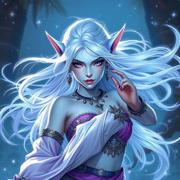 A striking DnD character art of Maeve, an enchanting figure with light blue skin and delicate elven ears