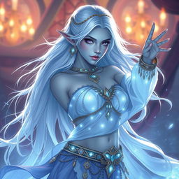 A striking DnD character art of Maeve, an enchanting figure with light blue skin and delicate elven ears