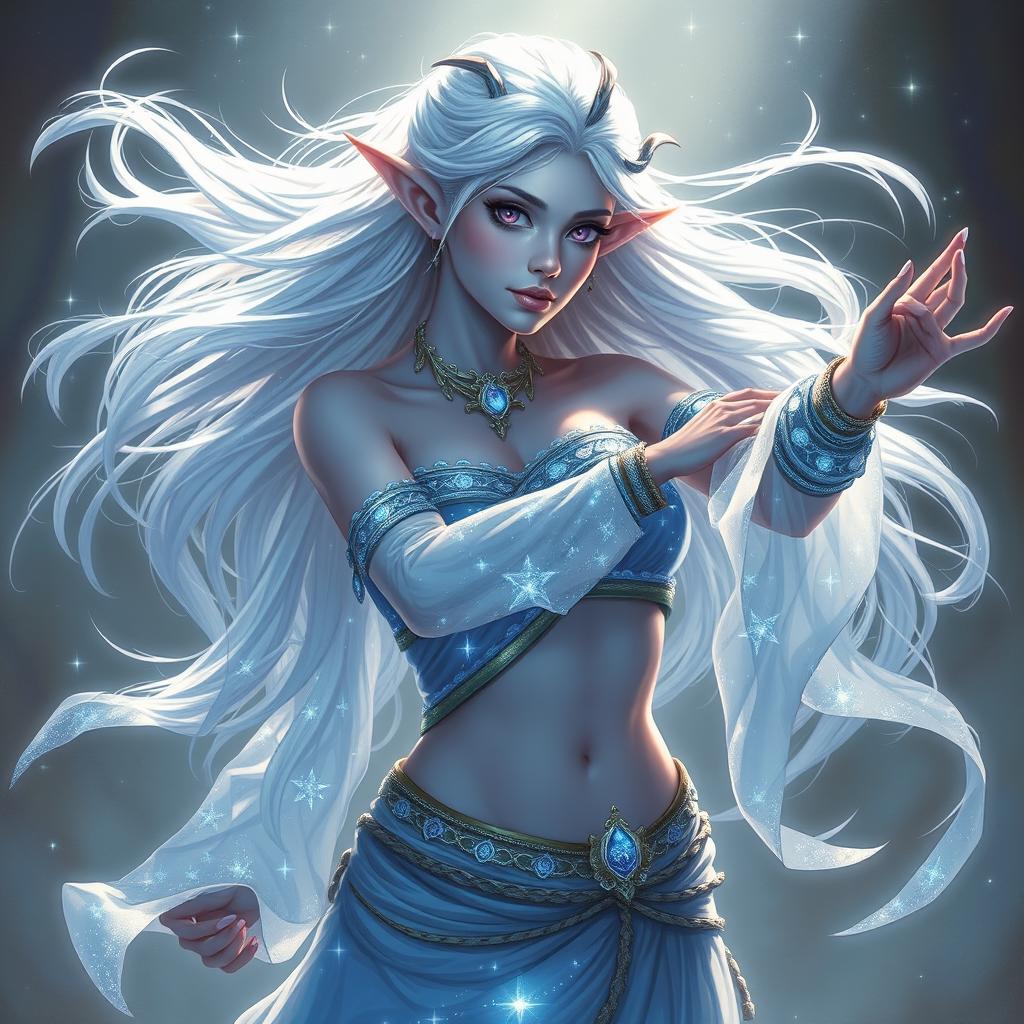 A captivating DnD character art featuring Maeve, a striking figure with light blue skin and graceful elven ears