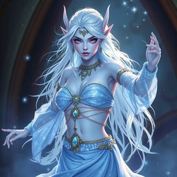 A mesmerizing DnD character art of Maeve, a striking figure characterized by her light blue skin and elegant elven ears