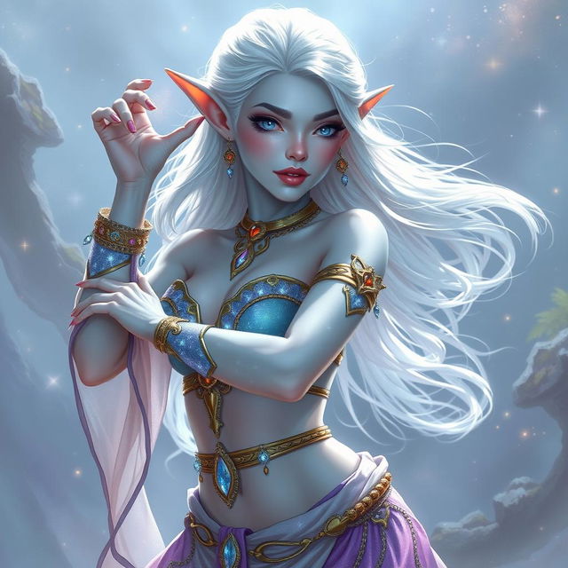 A mesmerizing DnD character art of Maeve, a striking figure characterized by her light blue skin and elegant elven ears