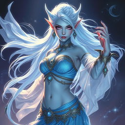 A mesmerizing DnD character art of Maeve, a striking figure characterized by her light blue skin and elegant elven ears