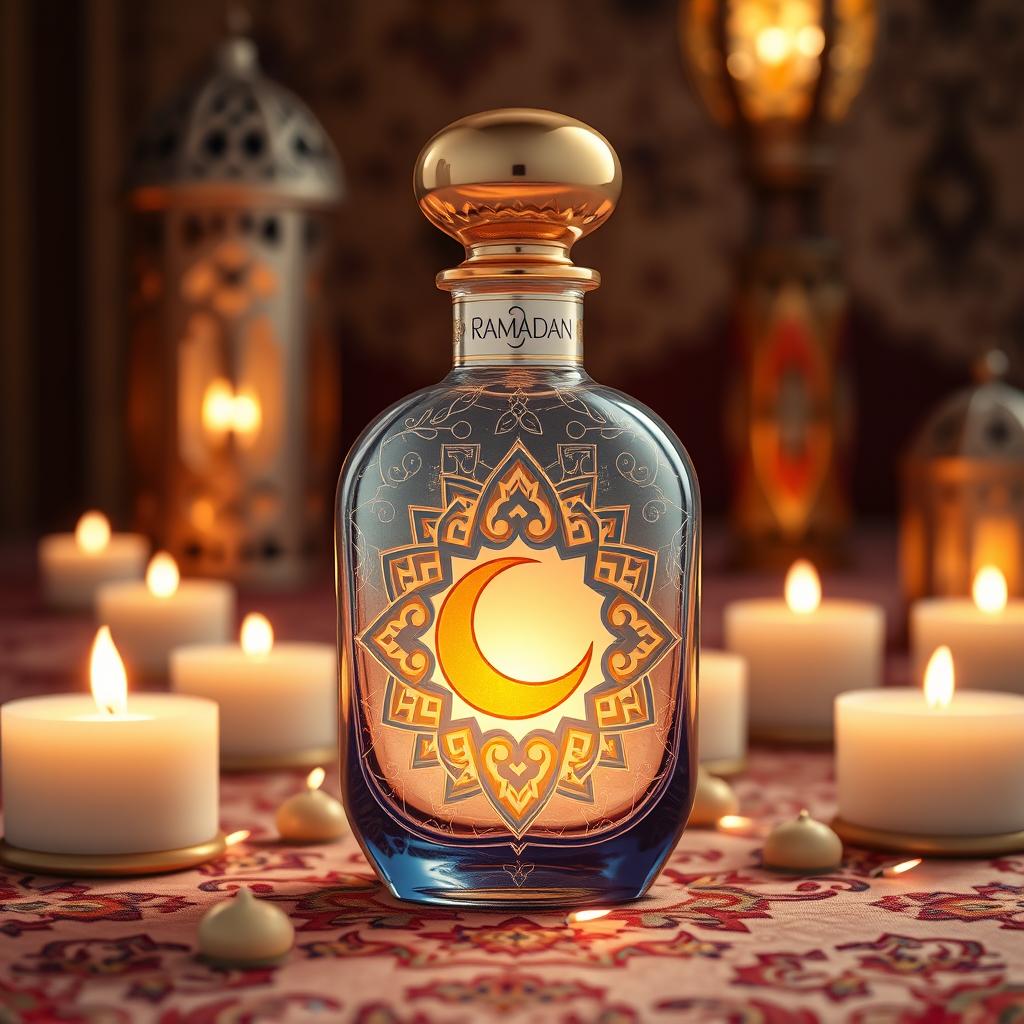 A beautifully designed Ramadan perfume bottle, incorporating intricate Islamic geometric patterns and crescent moon motifs