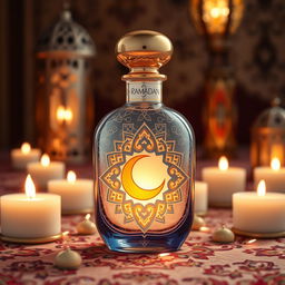 A beautifully designed Ramadan perfume bottle, incorporating intricate Islamic geometric patterns and crescent moon motifs