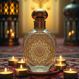 A beautifully designed Ramadan perfume bottle, incorporating intricate Islamic geometric patterns and crescent moon motifs