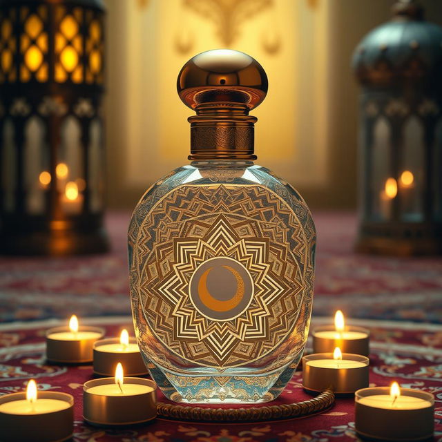 A beautifully designed Ramadan perfume bottle, incorporating intricate Islamic geometric patterns and crescent moon motifs