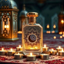 A beautifully designed Ramadan perfume bottle, incorporating intricate Islamic geometric patterns and crescent moon motifs