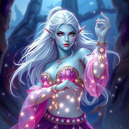 A stunning DnD character art of Maeve, a striking figure characterized by her light blue skin and elegantly pointed elven ears