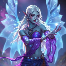 A stunning DnD character art of Maeve, a striking figure characterized by her light blue skin and elegantly pointed elven ears