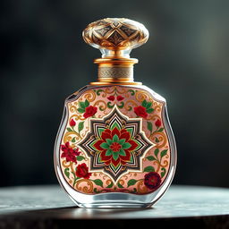 An elegant Eastern-style perfume bottle featuring intricate traditional arabesque patterns, adorned with gold and silver accents