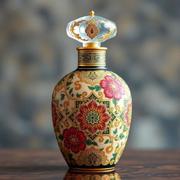 An elegant Eastern-style perfume bottle featuring intricate traditional arabesque patterns, adorned with gold and silver accents