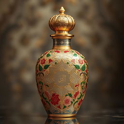 An elegant Eastern-style perfume bottle featuring intricate traditional arabesque patterns, adorned with gold and silver accents