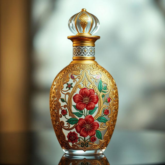 An elegant Eastern-style perfume bottle featuring intricate traditional arabesque patterns, adorned with gold and silver accents