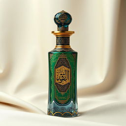 An elegant perfume bottle design inspired by Eastern aesthetics, representing Arab civilization