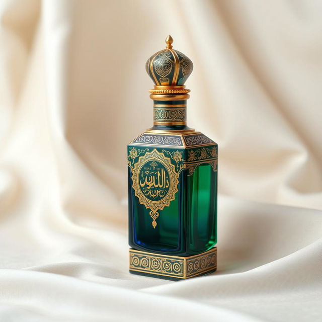 An elegant perfume bottle design inspired by Eastern aesthetics, representing Arab civilization