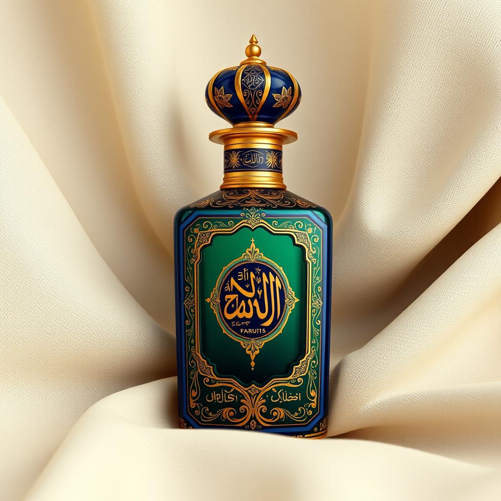 An elegant perfume bottle design inspired by Eastern aesthetics, representing Arab civilization