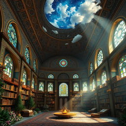 A mystical library set in Iran, elegantly blending elements of earth and sky