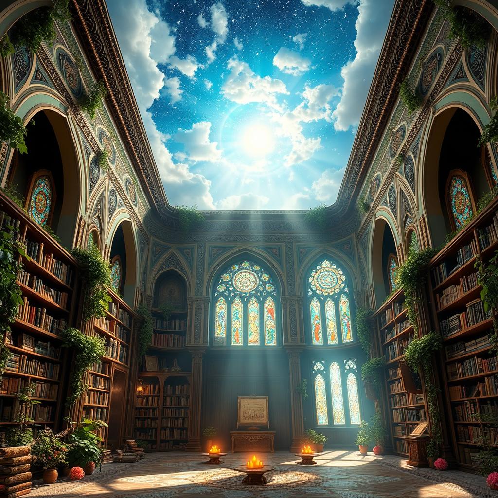 A mystical library set in Iran, elegantly blending elements of earth and sky