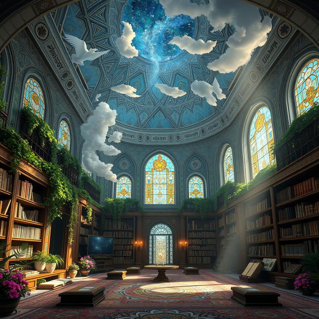 A mystical library set in Iran, elegantly blending elements of earth and sky