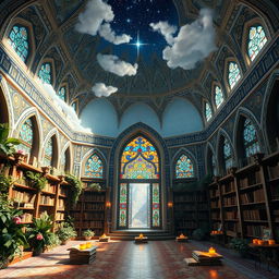 A mystical library set in Iran, elegantly blending elements of earth and sky