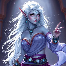 Illustration of Maeve in the style of DnD character art, showcasing a striking figure with light blue skin and elegantly pointed elven ears