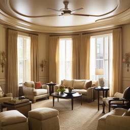 An elegantly furnished living room with natural light streaming through large windows, accentuating the rich textures of the furniture and decor.