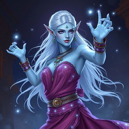 Illustration of Maeve in the style of DnD character art, showcasing a striking figure with light blue skin and elegantly pointed elven ears