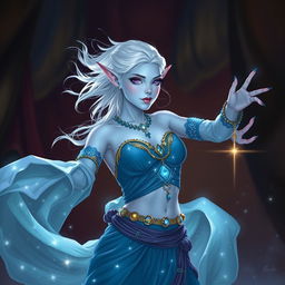 Illustration of Maeve in the style of DnD character art, showcasing a striking figure with light blue skin and elegantly pointed elven ears