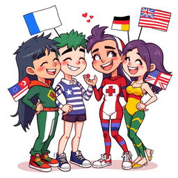 A stylized illustration of countryhuman characters in a playful, cheeky scenario, embodying the characteristics of various nations with distinct flags and symbols