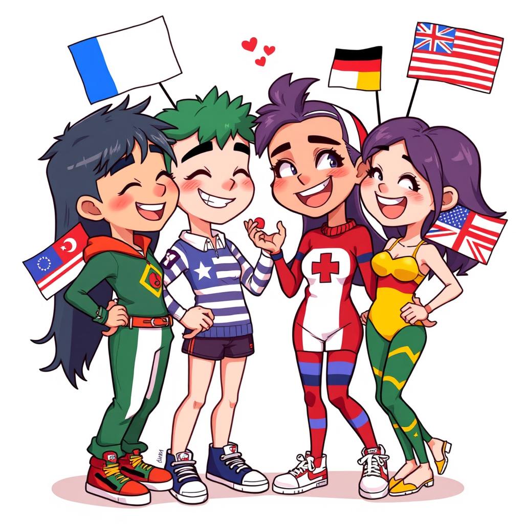 A stylized illustration of countryhuman characters in a playful, cheeky scenario, embodying the characteristics of various nations with distinct flags and symbols