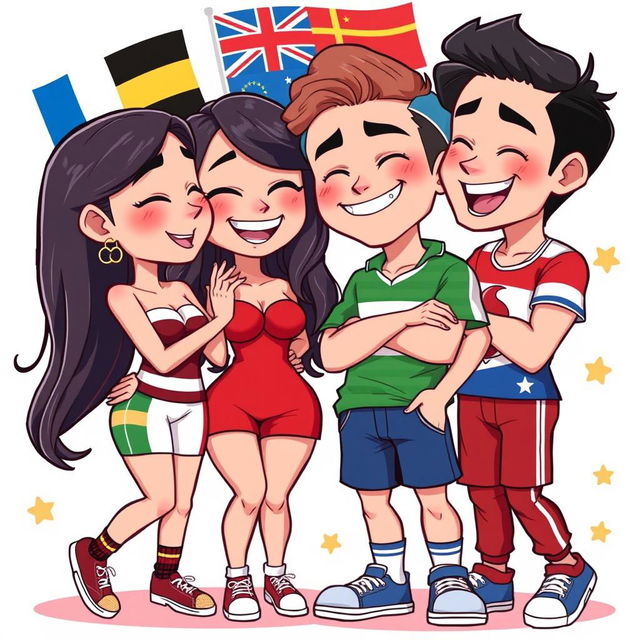 A stylized illustration of countryhuman characters in a playful, cheeky scenario, embodying the characteristics of various nations with distinct flags and symbols