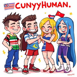 A stylized illustration of countryhuman characters in a playful, cheeky scenario, embodying the characteristics of various nations with distinct flags and symbols
