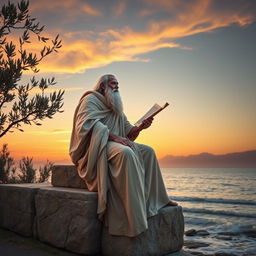 A serene and contemplative scene that represents Stoicism, featuring an ancient philosopher draped in a flowing toga, seated on a stone ledge with a backdrop of a tranquil sunset over the ocean