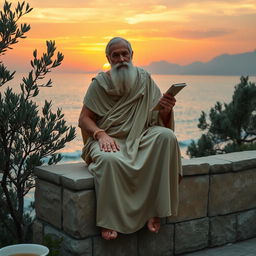 A serene and contemplative scene that represents Stoicism, featuring an ancient philosopher draped in a flowing toga, seated on a stone ledge with a backdrop of a tranquil sunset over the ocean
