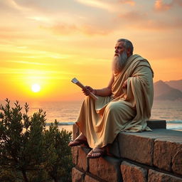 A serene and contemplative scene that represents Stoicism, featuring an ancient philosopher draped in a flowing toga, seated on a stone ledge with a backdrop of a tranquil sunset over the ocean