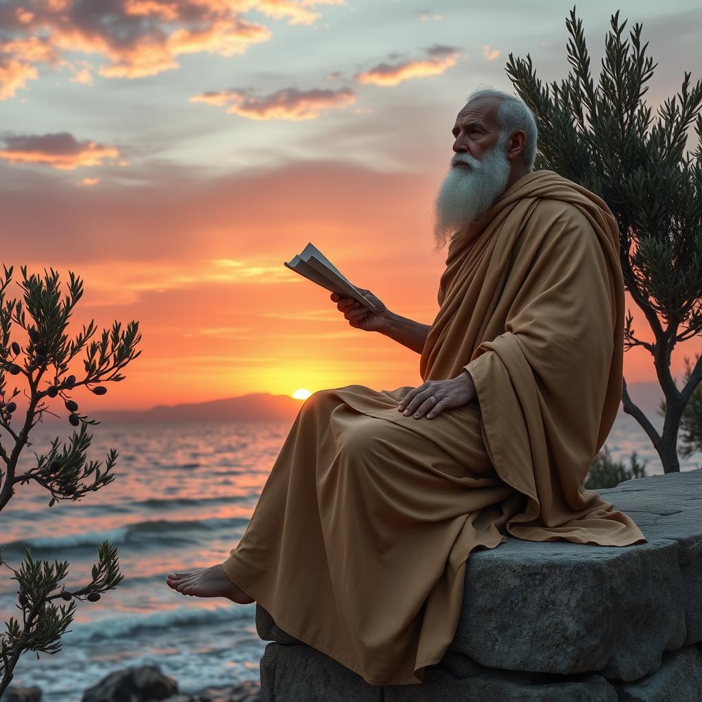 A serene and contemplative scene that represents Stoicism, featuring an ancient philosopher draped in a flowing toga, seated on a stone ledge with a backdrop of a tranquil sunset over the ocean