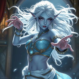 An intricate DnD character art of Maeve, depicted as a striking figure with light blue skin and elegantly pointed elven ears