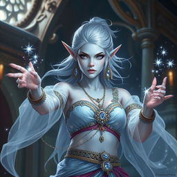 An intricate DnD character art of Maeve, depicted as a striking figure with light blue skin and elegantly pointed elven ears