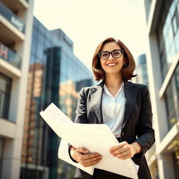 A confident, professional architect woman standing in front of a modern building, holding blueprints in her hand